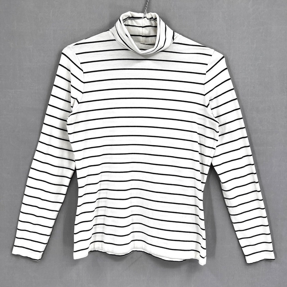 Lands' End Womens M Turtleneck White Black Striped Shaped Fit Preppy Breton